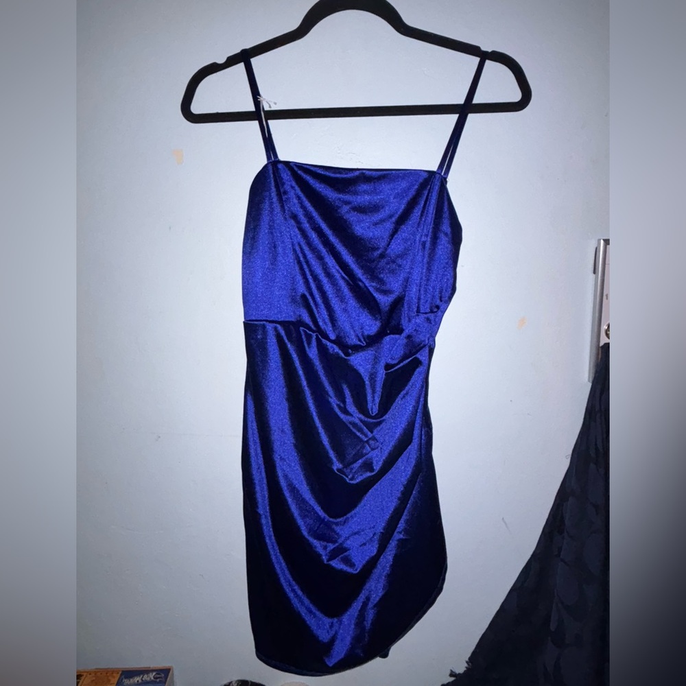 Emerald Sundae Blue Ruched Spaghetti Strap Mini Dress